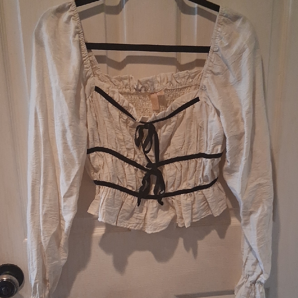 Women's Cream Peasant Top with Black Accents